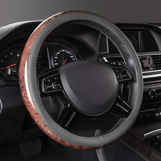 CAR PASS Wood Grain Microfiber Leather Steering Wheel Cover, Universal Fit for 14 1/2-15 inch Gray Steering Wheel, Anti-Slip Veins Design,Cars, Suvs,Minivans, Sedans (Gray)