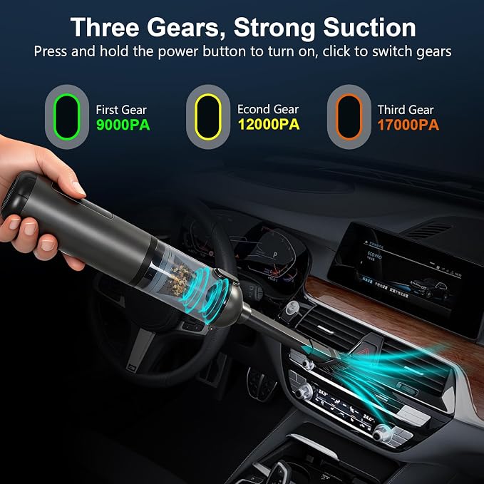Car Vacuum Portable Cordless, 17000Pa 2 in 1 Vacuum Cleaner&Air Duster, 100W Brushless Motor Handheld Vacuum Cordless with 6000mAh Battery, Multi-Nozzles for Car, Home, Office, Pet