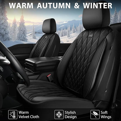 CAR PASS Luxury Faux Leather Car Seat Covers Front Seats, Breathable Soft Velvet Premium Automotive Seat Covers 2 Pack, Armrest Airbag Compatible Universal Fit for Most Sedan SUV Van Truck, Black