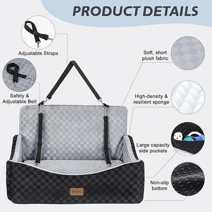 JOEJOY Dog Car Seat for Medium/Large Dogs - Reversible Dual-Sided Travel Dog Car Bed with Memory Foam, Washable Pet Booster Seat for Do gs up to 55 lbs or 2 Small Dogs, 2 Safety Leashes, Grey