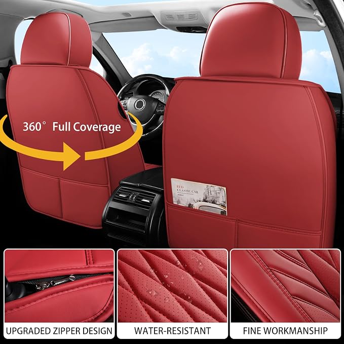 WELLDO Nappa Faux Leather Car Seat Covers Full Set, Burgundy | Waterproof, Non-Slip Seat Protector, 0.28in Thickened Cushion, Airbag Compatible, Universal for Cars SUV Truck Pickup