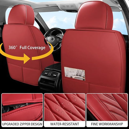 WELLDO Nappa Faux Leather Car Seat Covers Full Set, Burgundy | Waterproof, Non-Slip Seat Protector, 0.28in Thickened Cushion, Airbag Compatible, Universal for Cars SUV Truck Pickup