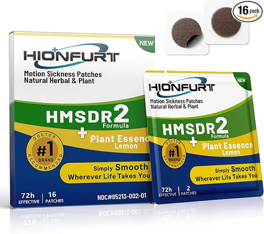 Hionfurt HMSDR2 16ct Motion Sickness Patches with Plant Essence – Lemon – Sea Sickness Patches for Cruise, Car, Airplane – Non-Drowsy, 72H Lasting