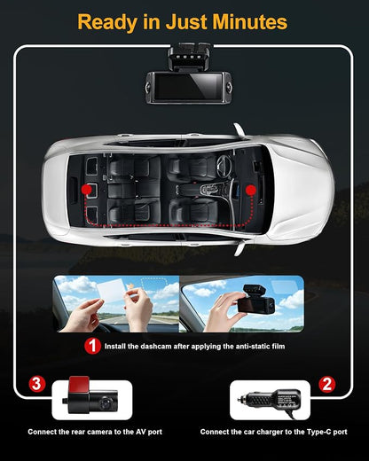 4 Channel 4K Dash Cam - 360° Panoramic Front Rear Inside Camera, STARVIS 2 Night Vision, 5.8GHz WiFi, 170° Wide Lens, 24hr Parking Monitor, G‑Sensor, Included 64GB SD Card for Private Drivers