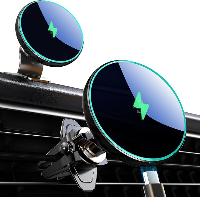 MOKPR for Magnetic Car Mount Charger-15W Wireless Car Charger-Magnetic Car Phone Holder for Dash Air Vent-LED RGB HandsFree Car Mount Fast Car Charger for iPhone 14/13/12 Series Carbon Fiber
