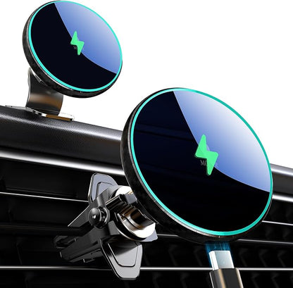 MOKPR for Magnetic Car Mount Charger-15W Wireless Car Charger-Magnetic Car Phone Holder for Dash Air Vent-LED RGB HandsFree Car Mount Fast Car Charger for iPhone 14/13/12 Series Carbon Fiber
