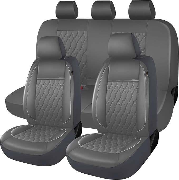 CAROMOP Faux Leather Car Seat Covers Full Set,Luxury and Comfortable Covers for Cars,Split Bench Compatible Car Interior Covers,Universal Fit for Suvs,Vans,Trucks,Airbag Compatible(5-Seat Grey)