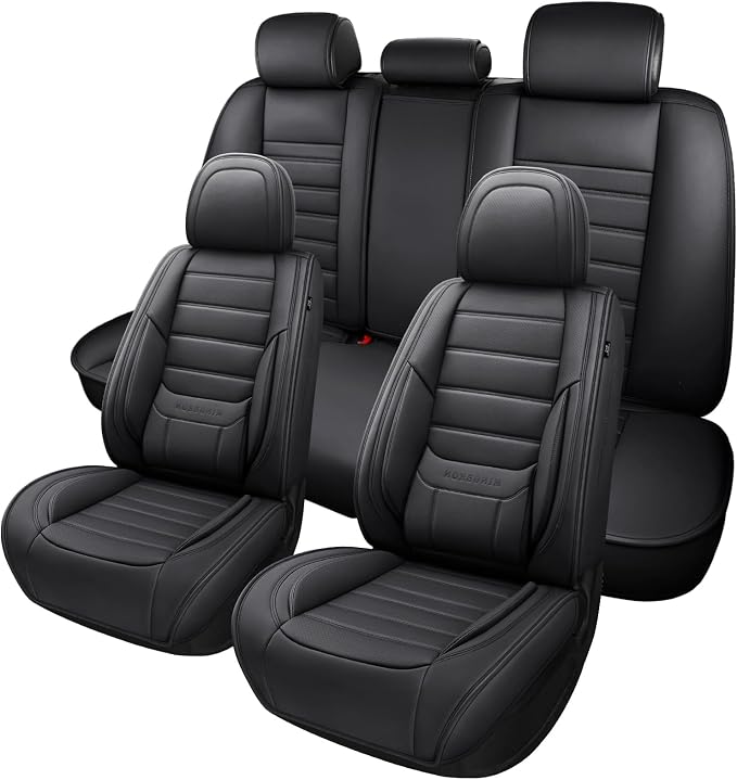 MINGBRON Black Car Seat Cover with Lumbar Support, Car Seat Protector Waterproof, Nappa Leather Car Seat Cushion, Car Seat Covers Front Seats and Back Fit for Most Cars