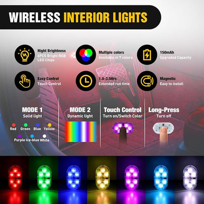 Nilight Wireless Magnetic RGB LED Interior Lights, 2 PCS 7 Colors USB Rechargeable Universal Mini Sticky Footwell Ambient Atmosphere Reading Lamp with Touch Sensor, Portable Night Lighting for Car