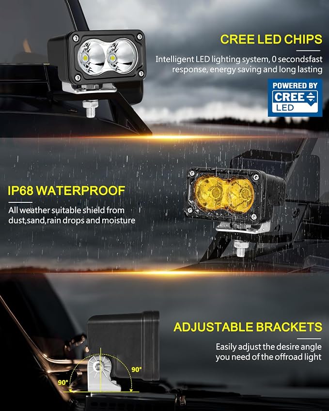 LED Pods, AKD Part 4Pcs 3" 80W Spot CREE LED Pod Lights Small Off Road Driving Lights Fog Ditch Lights for Trucks Motorcycle UTV ATV SUV Dirt Bike - White & Yellow