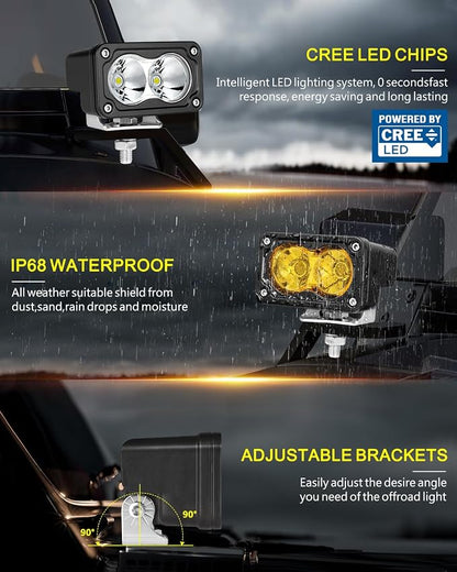 LED Pods, AKD Part 4Pcs 3" 80W Spot CREE LED Pod Lights Small Off Road Driving Lights Fog Ditch Lights for Trucks Motorcycle UTV ATV SUV Dirt Bike - White & Yellow