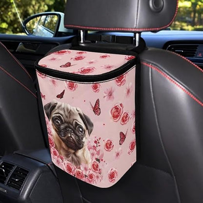Talayituse Pug Dog Flower Print Car Trash Can, Portable Auto Garbage Bin Multifunctional Vehicle Interior Accessories with Adjustable Straps Universal Fit Truck SUV Sedan
