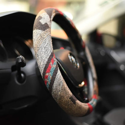 Universal 15inch Ethnic Style Baja Blanket Steering Wheel Cover with Coarse Flax Cloth and Sweat Absorption Anti Slip Car Wrap (Boho Brown)