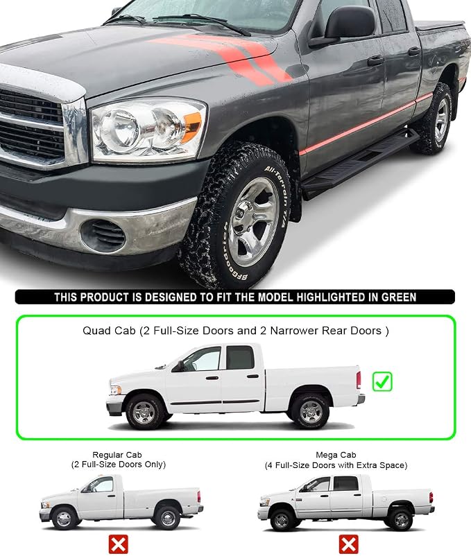 APS 6.5in Side Armor Stainless Steel Running Boards Compatible with Dodge Ram 1500 2002-2008 Quad Cab & 2500 3500 03-09 (Exclude Daytona Rumble Bee and SRT-10 Models) (Nerf Bars Side Steps)