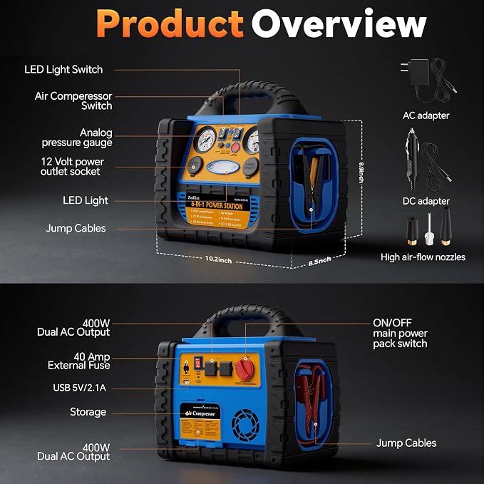 Car Jump Starter with Air Compressor, 1800A Battery Booster Pack for Up to 8.0L Gas & 6.0L Diesel, 150PSI Tire Inflator, 400W Portable Power Station with AC Outlet, 6-in-1 Jump Box for Cars, Trucks