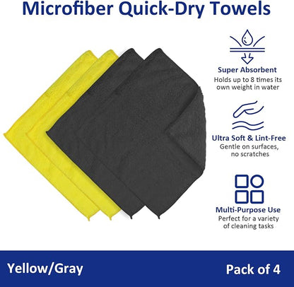 Microfiber Cleaning Cloths (14" x 14") with Double-Sided Coral Fleece, Ultra Absorbent, Lint-Free, Streak-Free, Reusable, Ideal for Car, Kitchen, Window, and Household Cleaning (Pack of 4)