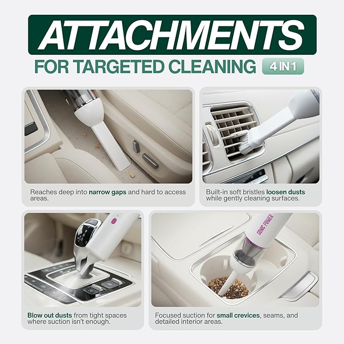 SonicPower Portable Cordless Car Vacuum, 15000Pa High Suction Handheld Vacuum Cleaner, 2-in-1 Vacuum & Blower, with 4 Attachments & Portable Storage Bag for Car, Home, Pet & Office (White & Pink)