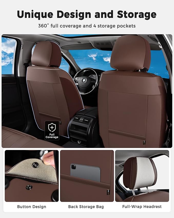 Huidasource Car Seat Covers Full Set, Luxury Faux Leather Car Seat Covers, Velcro Adjustable, with Airbags, Child Seat, Cooling＆Heating, Universal Fit for Most Cars, Vans, Trucks, SUVs, Coffee＆White