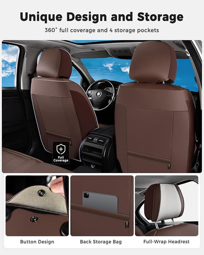Huidasource Car Seat Covers Full Set, Luxury Faux Leather Car Seat Covers, Velcro Adjustable, with Airbags, Child Seat, Cooling＆Heating, Universal Fit for Most Cars, Vans, Trucks, SUVs, Coffee＆White