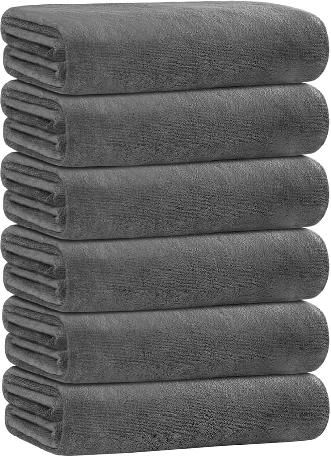 JML Microfiber Bath Towel Set with Hanging Loop, Grey, 30" x 60", 6 Pack | Large, Soft, Absorbent, Fast Drying, Lint Free, Fade Resistant, No Pilling, Lightweight, Compact