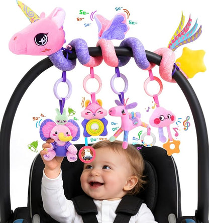 Musical Car Seat Toy for Babies 0-12 Months Girl, 5-in-1 Sensory Activity Hanging Toy Stroller Toy with Soothing Music, Rattle, Mirror for Newborn Infants Essential Gifts, Unicorn