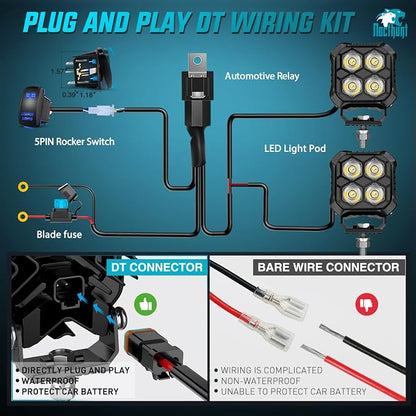 Nilight LED Pod Light 2 PCS 2.8 Inch 20W Square 4 LED Hyper Spot Beam Driving Offroad Lights w/18AWG Rocker Switch Wiring Harness Kit for Truck Motorbike Boat ATV UTV