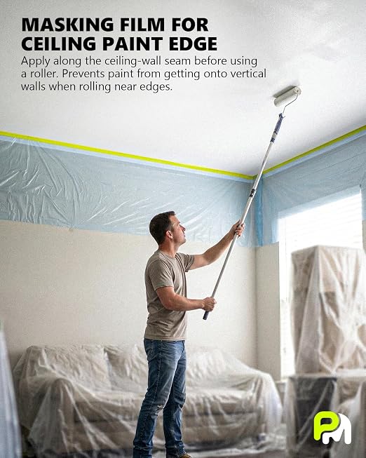 Pre-Taped Masking Film for Painting - 3 Rolls Mixed Size Painters Plastic Sheeting with Tape and Drape, Painters Drop Cloth for Automotive & Home, Cover for Walls/Floors/Windows/Cars Protection