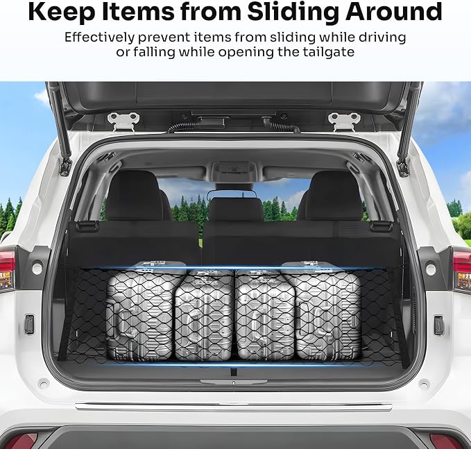 Canvcle Trunk Cargo Net for 2020-2026 Toyota Highlander Accessories Envelope Style Mesh Trunk Net Organizer and Storage Stretchable Adjustable Elastic Nylon Rear Cargo Netting with Hooks