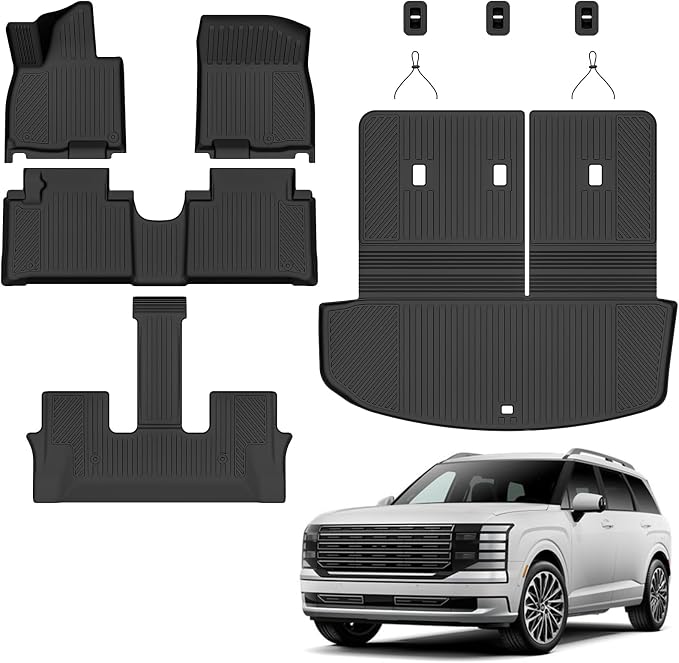 Auxko All Weather Floor Mats Cargo Mat with Backrest Mat for Hyundai Palisade Hybrid 2026 7&8 Seat All Season TPE Accessories Guard Odorless Anti-Slip Floor Liners Trunk Tray with Back Seat Protector