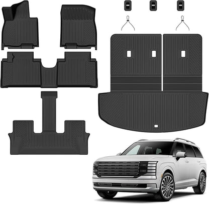 Auxko All Weather Floor Mats Cargo Mat with Backrest Mat for Hyundai Palisade Hybrid 2026 7&8 Seat All Season TPE Accessories Guard Odorless Anti-Slip Floor Liners Trunk Tray with Back Seat Protector