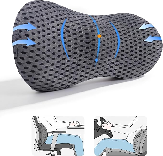 Lumbar Support Pillow, Memory Foam Lumbar Pillow for Office Chair and Car Seat, Back Pillow for Lower Back Pain Relief, Back Support Pillow for Sitting, Driving, Traveling (Light Gray)