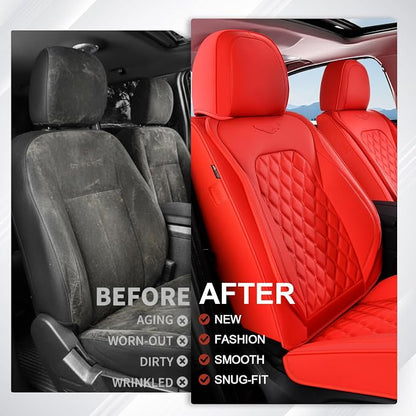 Coverado Full Set Car Seat Covers, 5-Seat Universal Faux Leather Waterproof Seat Covers, Front & Back Car Seat Protectors, Red Leather Seat Covers Fit for Most Vehicles-Red