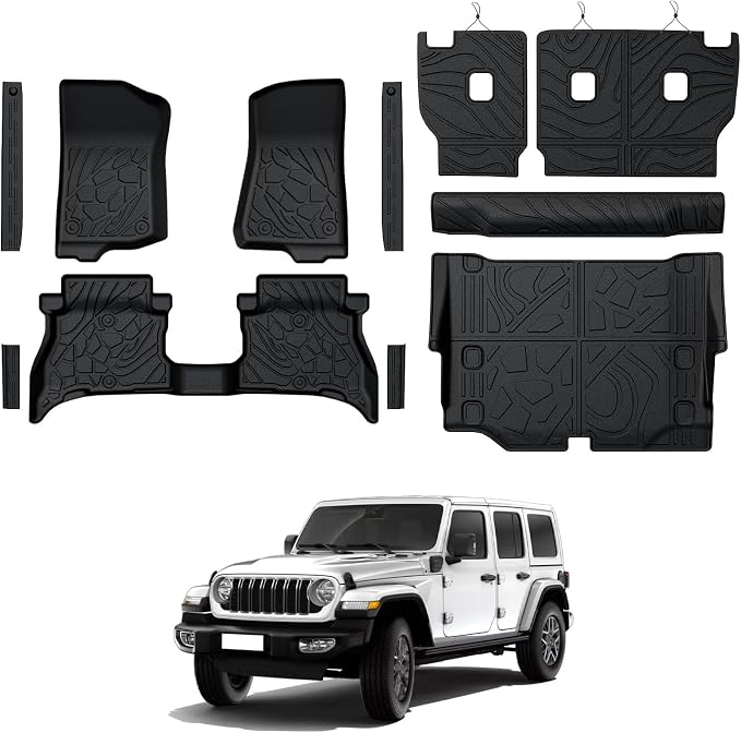 Floor Mats for Jeep Wrangler JL 4XE 4-Door 2021-2025 2026, All Weather Floor Mats Trunk Cargo Liner with Backrest Protectors and Door Sill Guards Accessories, Full Coverage Set