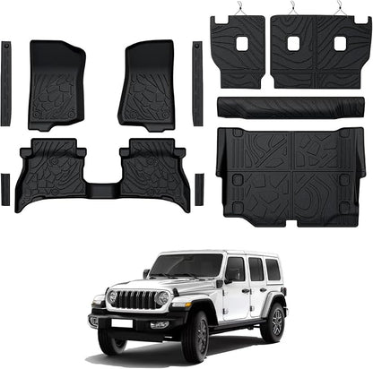 Floor Mats for Jeep Wrangler JL 4XE 4-Door 2021-2025 2026, All Weather Floor Mats Trunk Cargo Liner with Backrest Protectors and Door Sill Guards Accessories, Full Coverage Set