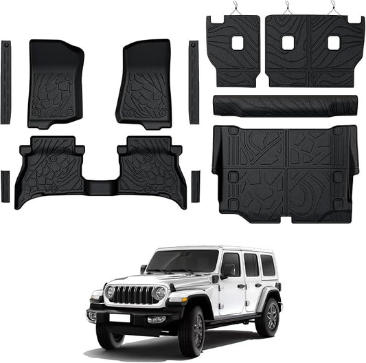 Floor Mats for Jeep Wrangler JL 4XE 4-Door 2021-2025 2026, All Weather Floor Mats Trunk Cargo Liner with Backrest Protectors and Door Sill Guards Accessories, Full Coverage Set