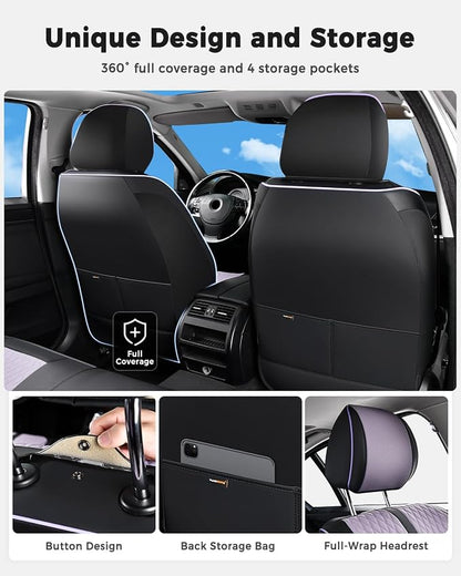 Huidasource Leather Seat Covers, Nappa Leather Seat Covers for Cars with Velcro Adjustable, Airbag, Lumbar Support, Cooling ＆ Heating, Purple Seat Covers Fit for Most Cars SUV Trucks, Black＆Purple