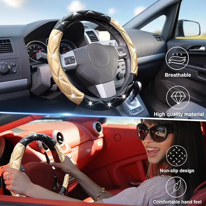 SuperKaKa Black and Gold Steering Wheel Cover, Auto Cute Diamond Bling Soft Comfort Leather Car Interior Accessories Protector Sparkly Fit Most O-Shaped Steering Wheels