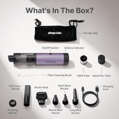 Shop-Vac S4 Mini Car Vacuum Cordless, 15000Pa 4-in-1 Portable Handheld Desk Vacuum & Air Duster with Brushless Motor, LED Light, Multi-Nozzles, 2 Modes, for Car, Office, Keyboard Cleaning (Purple)