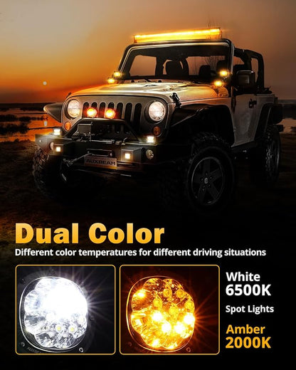 Auxbeam P4 Series Dual Color Round Strobe Light Pods 4-Inch 90W | Memory function flashing offroad lights, amber white 6-mode fog lights, automotive warning spot light bar