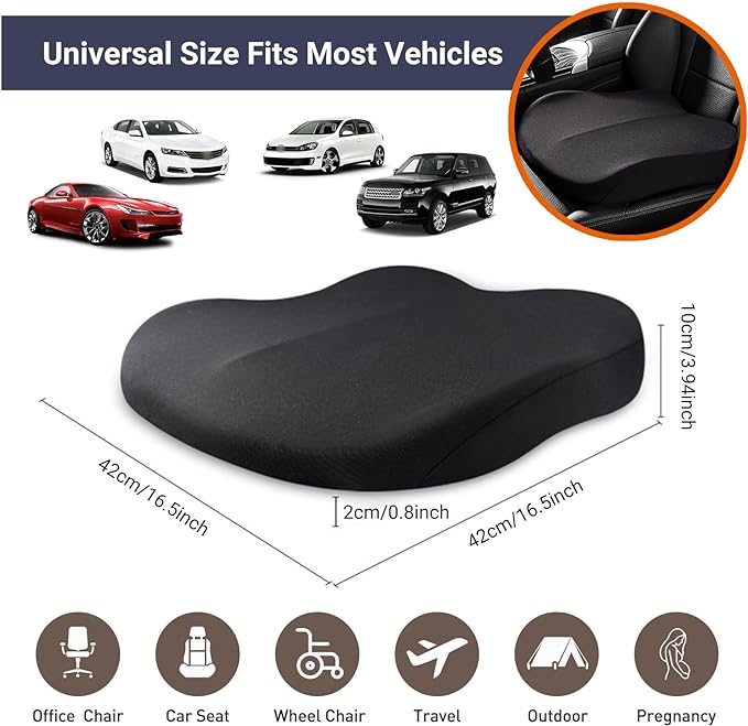 Adult Booster Car Seat Cushion, Wedge Memory Foam Pad for Driving Seat, Effectively Increase Height By 3.94 inch, Car Travel Accessories for Long Trips, (Black)