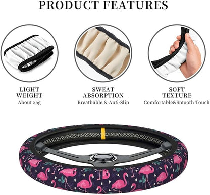 Flamingo Steering Wheel Cover for Women, Universal Auto Steering Wheel 14-15 Inch Car Interior Accessories with 2PCS Car Coasters, Suitable for Men and Women