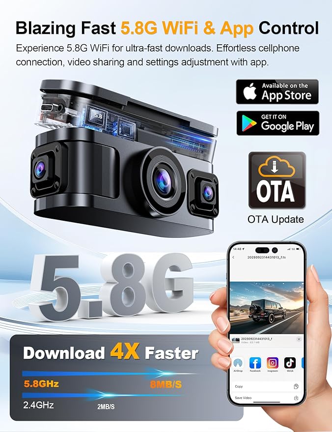 360° View 4K 4 Channel Dash Cam Front and Rear Inside Left Right, Built-in GPS, 5.8GHz WiFi, Car Dash Camera for Cars with App Connect, Support Parking Mode, G-Sensor, Free 128GB Card