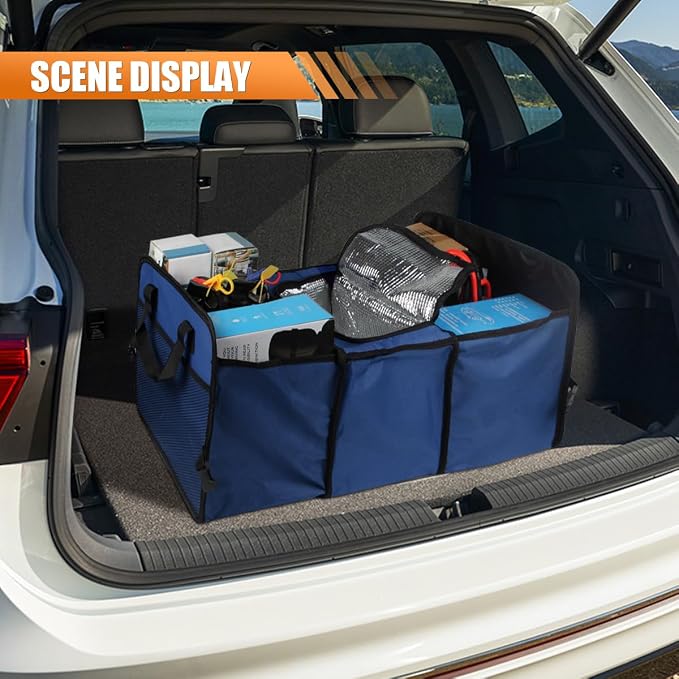 Car Trunk Organizer, Oxford Fabric Waterproof & Anti-Slip Vehicle Storage Box with Leak Proof & Insulated Cooler Bag, Large Capacity Foldable Auto Storage Box for Car, SUV, Truck (Blue)