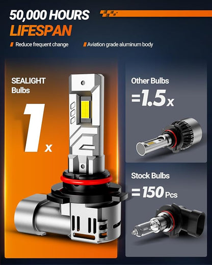 SEALIGHT HB3 9006 Bulbs, 60000LM 8X Brightness 9005 HB4 Bulbs, 6500K Cool White, 15000RPM Fan, Plug and Play, IP68 Waterproof Light Bulbs, Pack of 4