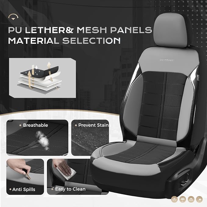 Coverado Leather and Air Mesh Seat Cover, Car Seat Cover Rear Seats, 3D Breathable Seat Protectors Sports Carbon Fiber Airbag Compatible Comfort Universal for Most Cars, Van,Trucks, SUV, Black&Grey