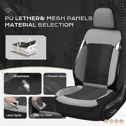 Coverado Leather and Air Mesh Seat Cover, Car Seat Cover Rear Seats, 3D Breathable Seat Protectors Sports Carbon Fiber Airbag Compatible Comfort Universal for Most Cars, Van,Trucks, SUV, Black&Grey