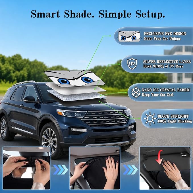 Car Windshield Sun Shade, Funny Eyes Large Foldable Car Sun Shade, Windshield Cover Universal Fits Full-Size Pickup Truck SUV, UV Heat Protection - 63 x 33.86