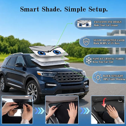 Car Windshield Sun Shade, Funny Eyes Large Foldable Car Sun Shade, Windshield Cover Universal Fits Full-Size Pickup Truck SUV, UV Heat Protection - 63 x 33.86