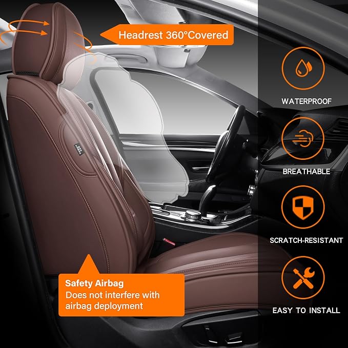 MINGBRON Seat Covers, Car Seat Covers Front Seats, Car Seat Cover, Car Seat Protector Waterproof, Car Seat Cushion Nappa Leather, Brwon Seat Covers Carseat Cover Universal Fit for Most Cars
