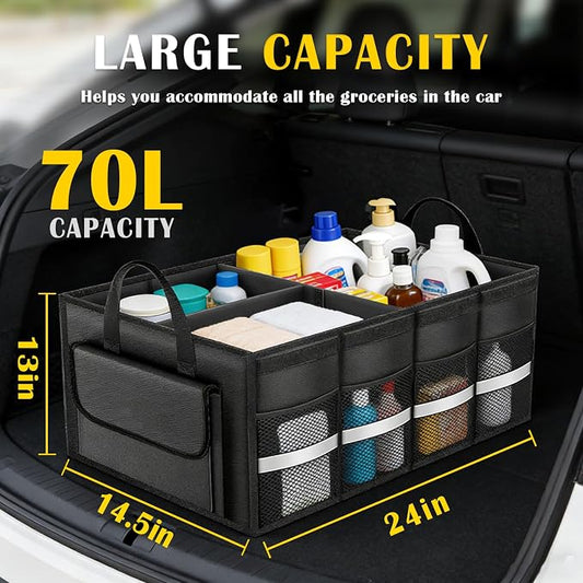 CloudDream Trunk Organizer for Car,70L Large Foldable Waterproof Organizer for SUV,Truck, Van & Sedan,3 Compartments, Black (Black-23.6")